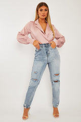 Pink Satin Plunge Lapel Collar Bodysuit - Danica
