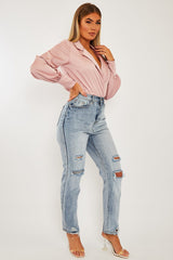 Pink Satin Plunge Lapel Collar Bodysuit - Danica