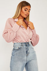 Pink Satin Plunge Lapel Collar Bodysuit - Danica
