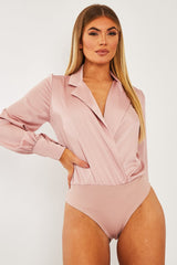 Pink Satin Plunge Lapel Collar Bodysuit - Danica