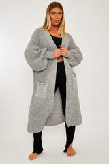 Grey Balloon Sleeve Maxi Knit Cardigan - Imara