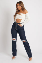 Indigo Mid Wash Denim Distressed Knee Extra Long Jeans - Ivelisse