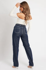 Indigo Mid Wash Denim Distressed Knee Extra Long Jeans - Ivelisse
