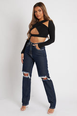 Black Slinky Cross Front Long Sleeve Crop Top - Tahlia