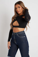 Black Slinky Cross Front Long Sleeve Crop Top - Tahlia