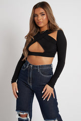 Black Slinky Cross Front Long Sleeve Crop Top - Tahlia
