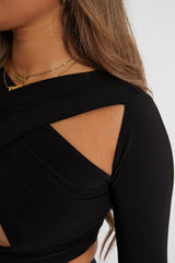 Black Slinky Cross Front Long Sleeve Crop Top - Tahlia