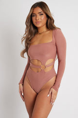 Brown Ring Detail Front Cut Out Bodysuit - Ryelee