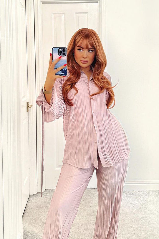 Stone Plisse Button Front Oversized Shirt & Trouser Set - Ingrid