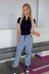 Grey Cuffed Hem Shell Cargo Joggers - Iris