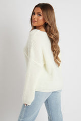 Cream Scoop Neck Fluffy Jumper - Ameliah