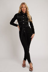 Black Long Sleeve Contrast Stitch Jumpsuit - Jan