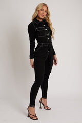 Black Long Sleeve Contrast Stitch Jumpsuit - Jan