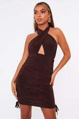 Brown Slinky Ruched Halter Neck Mini Dress - Raylinn