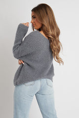 Grey Scoop Neck Fluffy Jumper - Ameliah