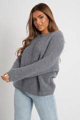 Grey Scoop Neck Fluffy Jumper - Ameliah