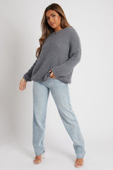Grey Scoop Neck Fluffy Jumper - Ameliah
