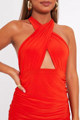 Orange Halter Neck Slinky Mini Dress - Raylinn
