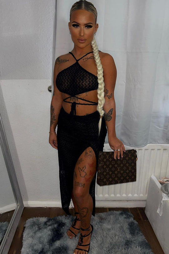 Black Lace Crop Top & Midi Skirt Set - Josephine