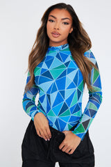 Blue Geometric Pattern Mesh Bodysuit - Bee