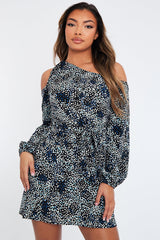 Black Blue Leopard Print Asymmetric Tie Waist Mini Dress - Vera