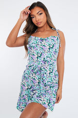 Lilac Floral Cowl Neck Tie Waist Mini Dress - Viola