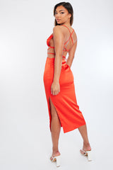 Orange Tie Wrap Around Satin Crop Top & Skirt Co-Ord - Aalaysia