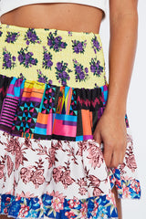 Multi Floral Print Shirred Boho Mini Skirt - Lottie