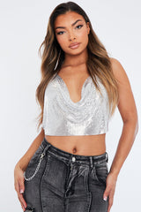 Silver Cowl Neck Chainmail Crop Top - Cher