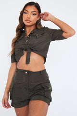 Khaki Button Front Utility Shirt & Shorts Set - Galia