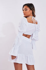 White Shirred Sleeve Crop Top & Ruched Mini Skirt Set - Ariana