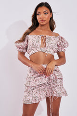 Pink Floral Print Bardot Crop Top & Frill Mini Skirt Set - Carly