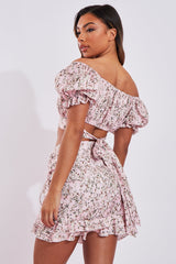 Pink Floral Print Bardot Crop Top & Frill Mini Skirt Set - Carly
