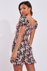 Black Floral Ruched Front Mini Dress - Caitlyn
