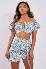 White Blue Floral Print Bardot Crop Top & Frill Mini Skirt Set - Carly