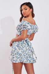 White Blue Floral Print Bardot Crop Top & Frill Mini Skirt Set - Carly