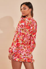 Red Floral Cut Out Front Side Ruched Mini Dress - Chica
