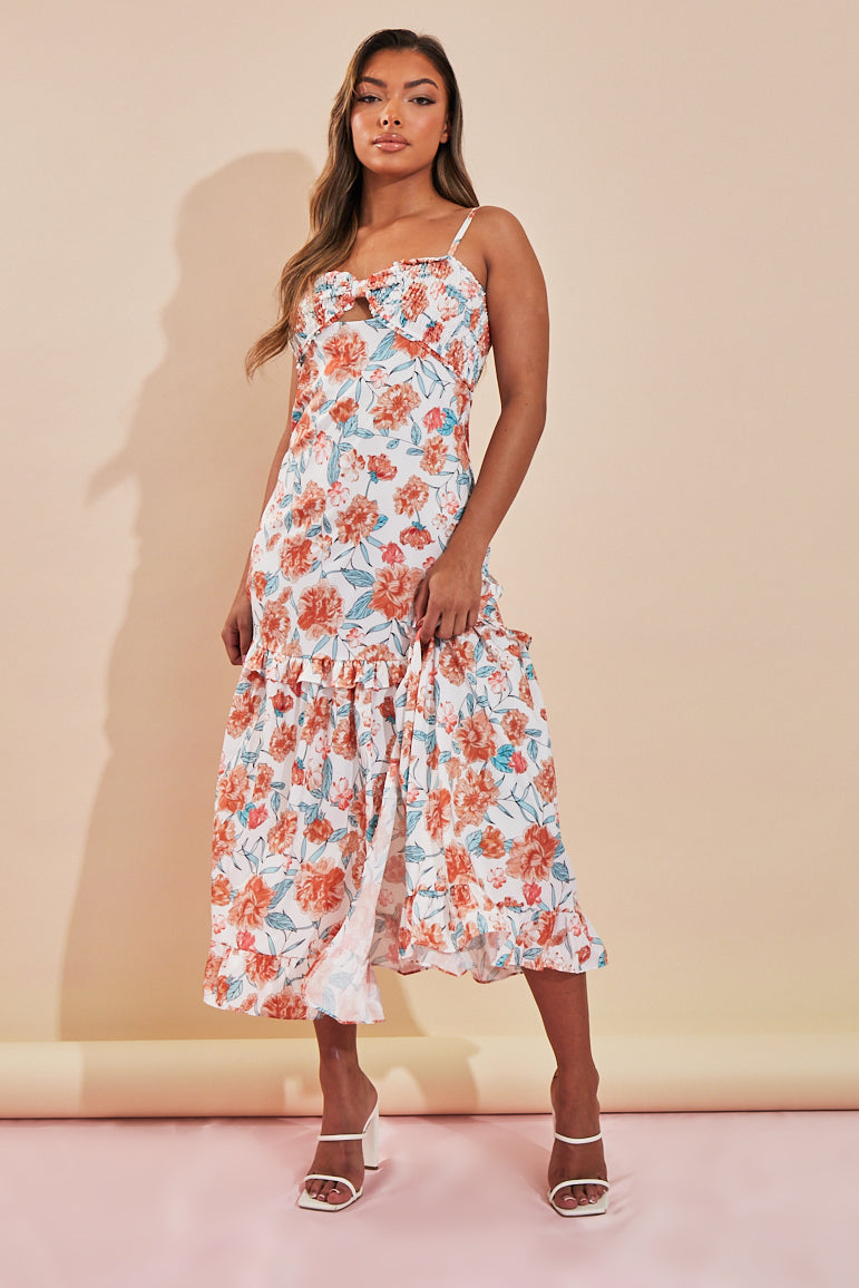 shirred bust midi dress Flynn Off-Shoulder Shirred Bust Midi Dress Tan
