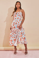 Orange Floral Print Shirred Bust Midi Dress - Renita