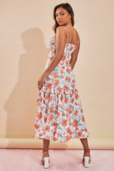 Orange Floral Print Shirred Bust Midi Dress - Renita