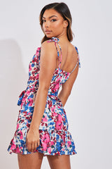 Pink Floral Cowl Neck Tie Waist Mini Dress - Viola