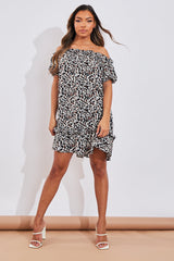 White Leopard Print Bardot Smock Dress - Rebecca