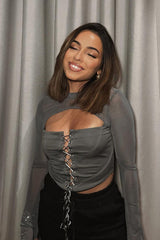 Grey Lace Up Mesh Sleeve Corset Top - Lavya