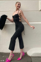 Black Lace Up Back Wide Leg Jumpsuit - Lyric