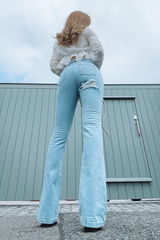 Light Blue Ripped Flare Jeans - Elze