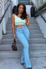 Light Blue Split Hem Flare Jeans - Ivara