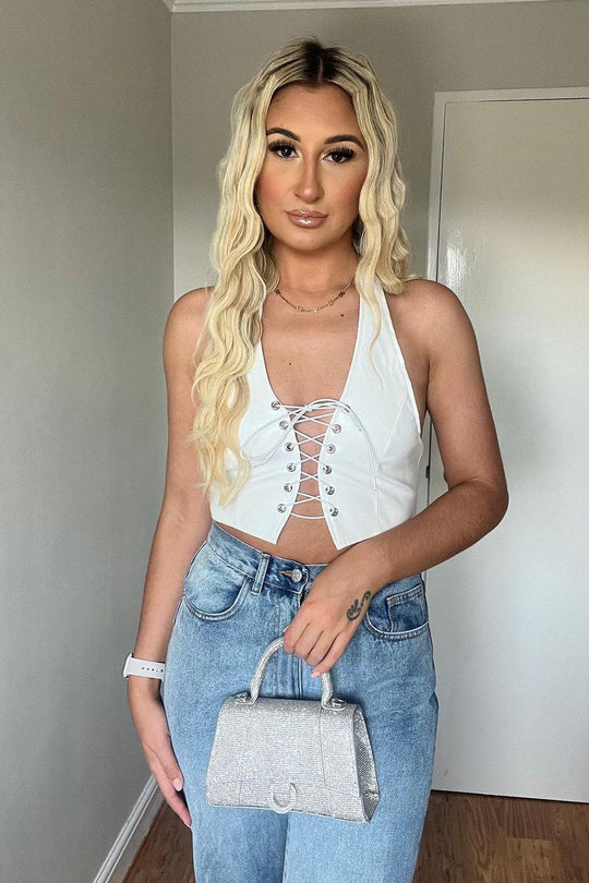 White Faux Leather Lace Up Front Cropped Top - Mika