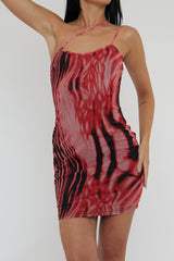 Red Zebra Print Mesh Asymmetric Straps Mini Dress - Tuliya