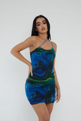 Blue Print Mesh Asymmetric Straps Mini Dress - Tuliya