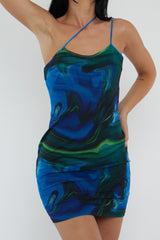 Blue Print Mesh Asymmetric Straps Mini Dress - Tuliya
